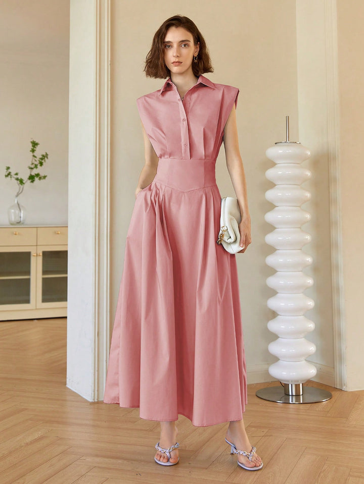 Pink Front Button Shirt Style Sleeveless Dress