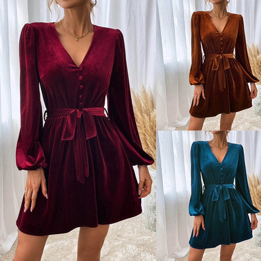 Burgundy V Neck Button Up Velour Dress With Tie Up