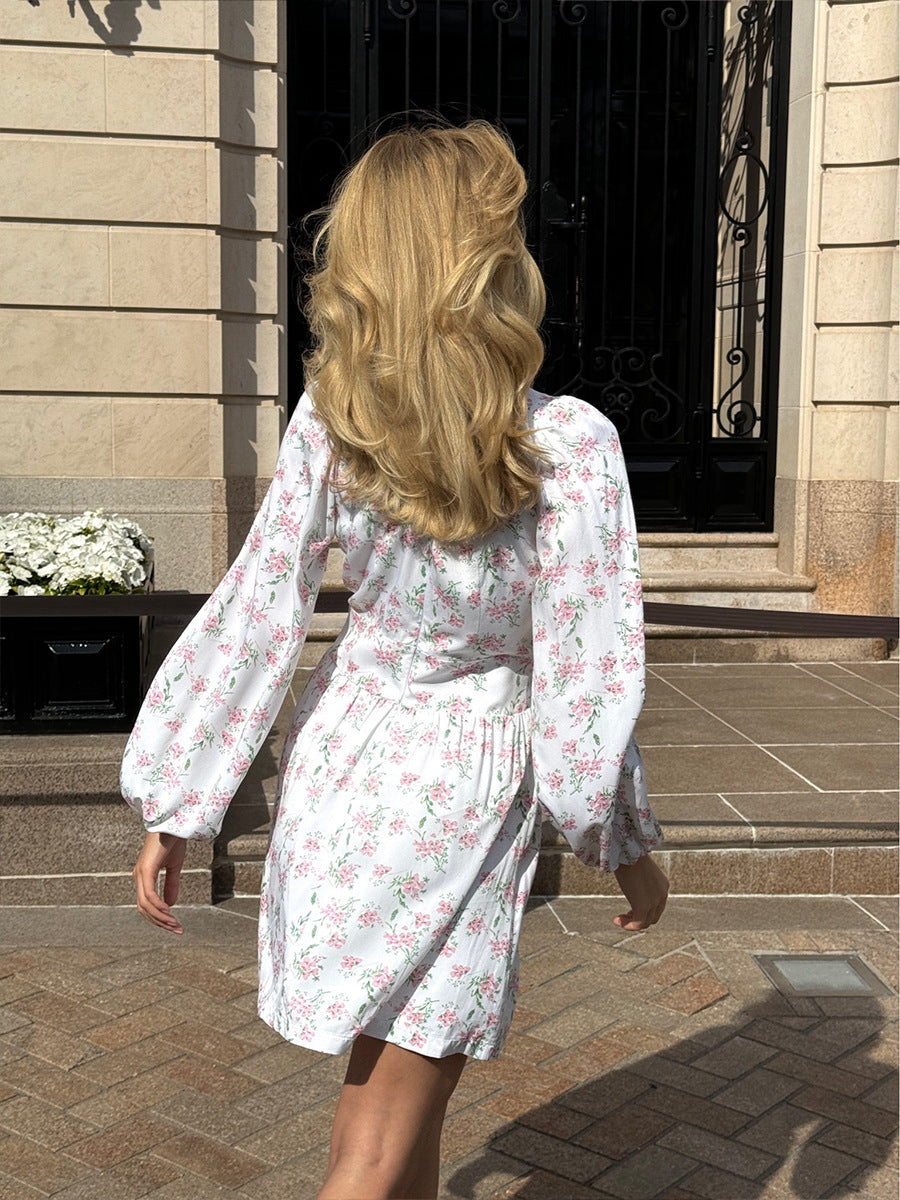 White Bishop Sleeve V Neck Dress