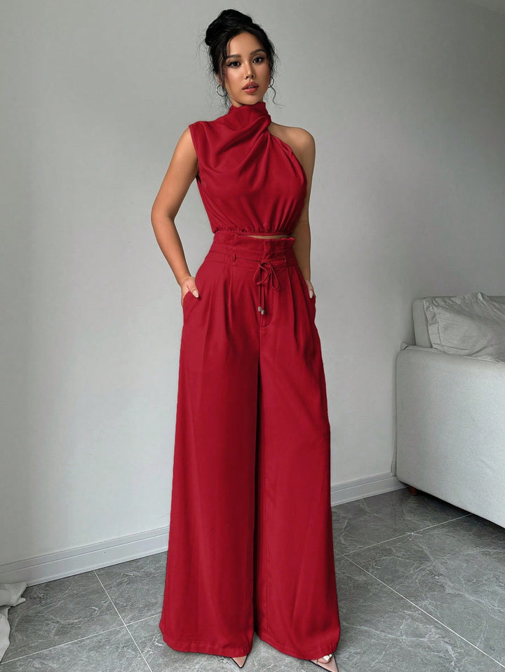Red Asymmetrical High Neck Top with Wide Straight Pant Co-Ord Set