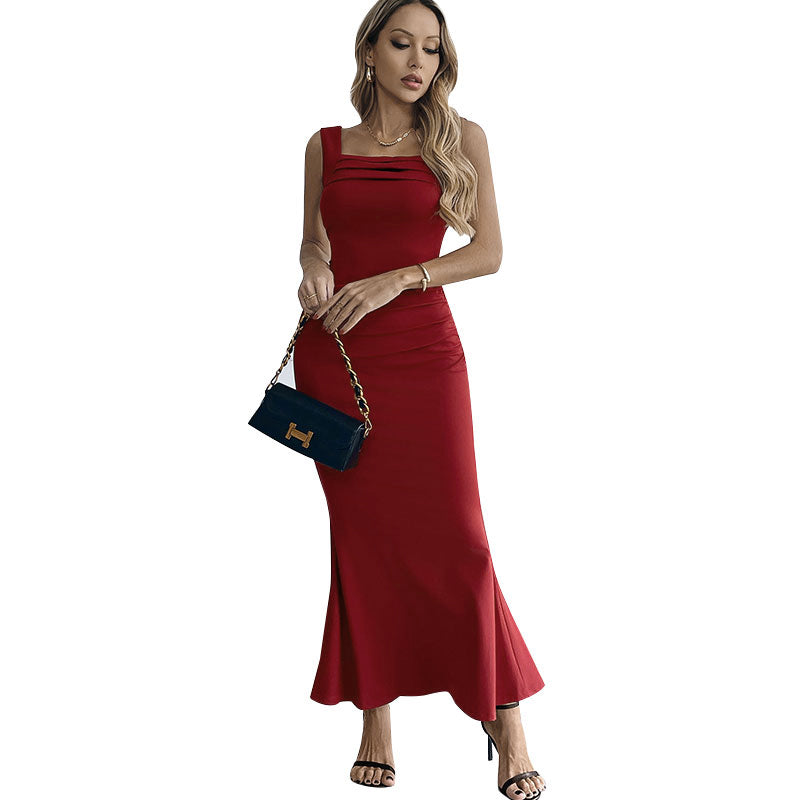 Red Sqaure Neck Fitted Dress
