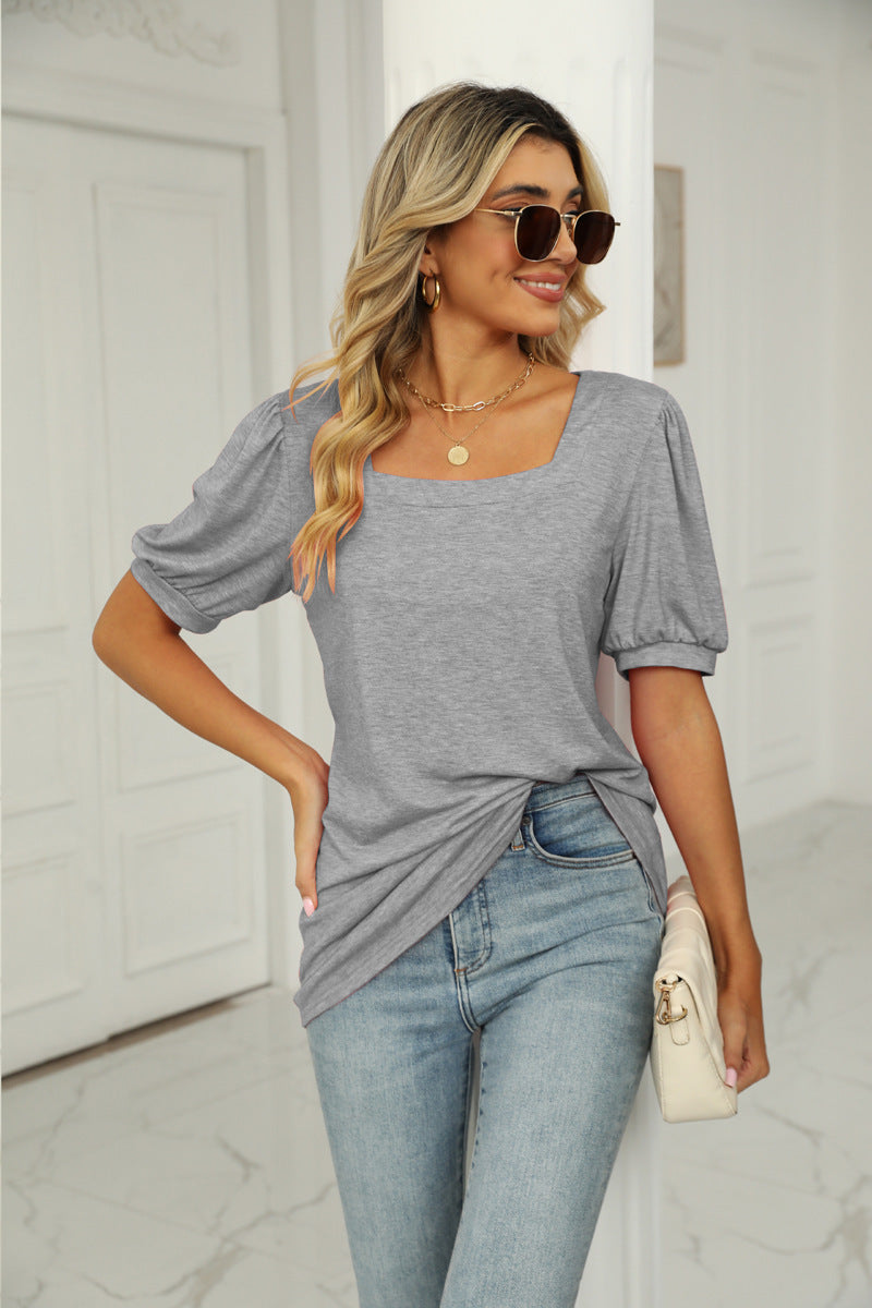 Grey Puff Sleeve Square Neck Top