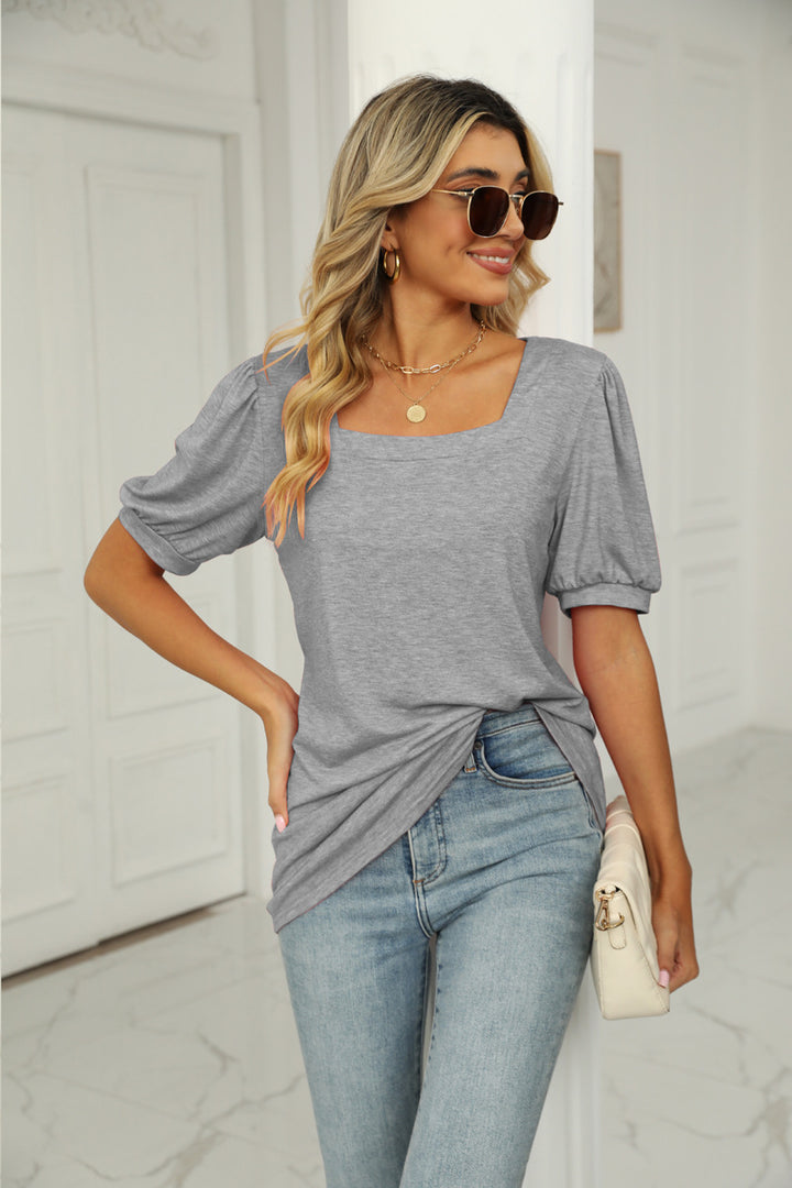 Grey Puff Sleeve Square Neck Top