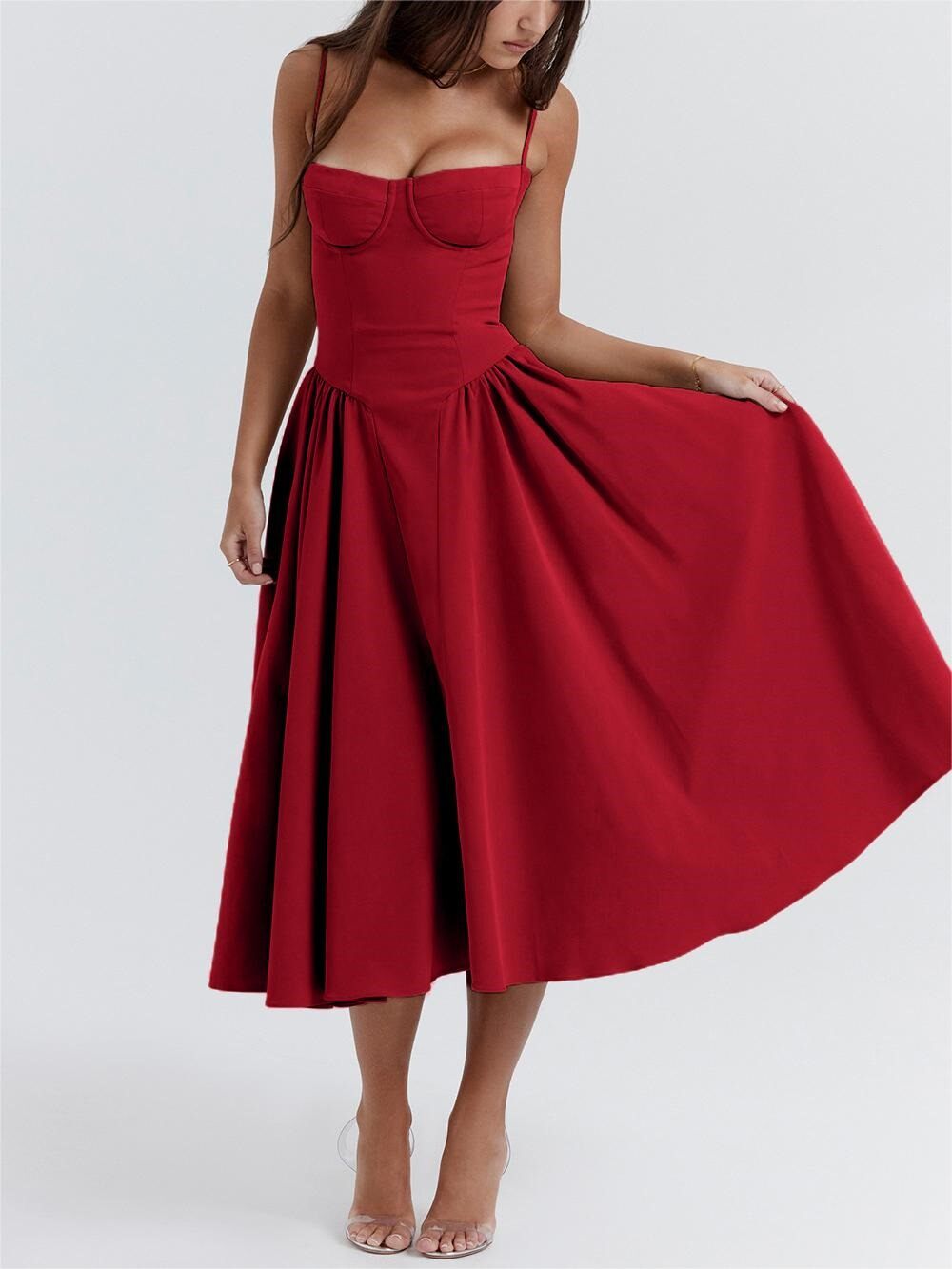 Red Bustier Cami Dress With Pockets