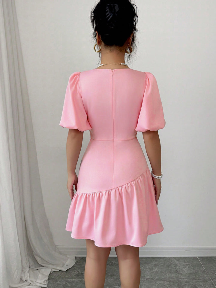 Pink Puff Sleeve Sweetheart Neck Dress