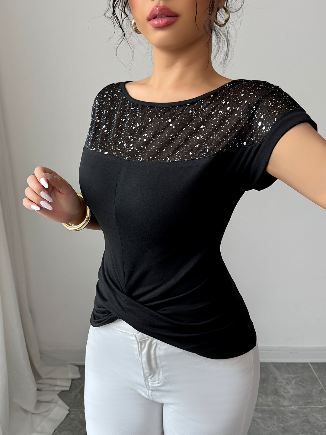 Black Sheer Neck And Sleeves Fitted Top