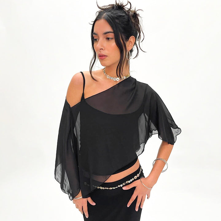 Black One Off Shoulder See Through Top