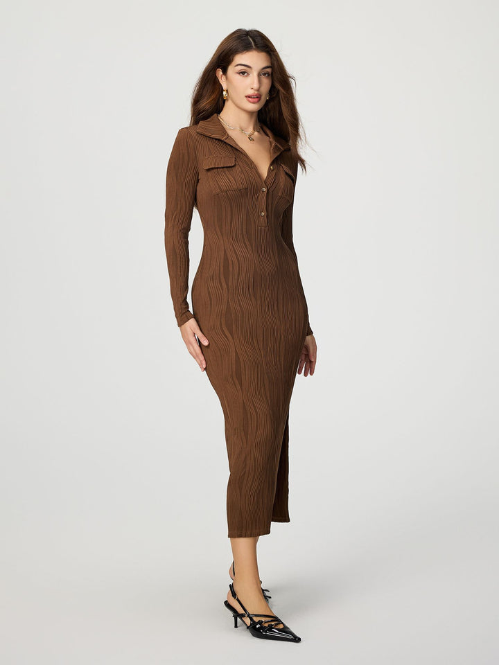 Brown Full Sleeve Collared Fitted Dress