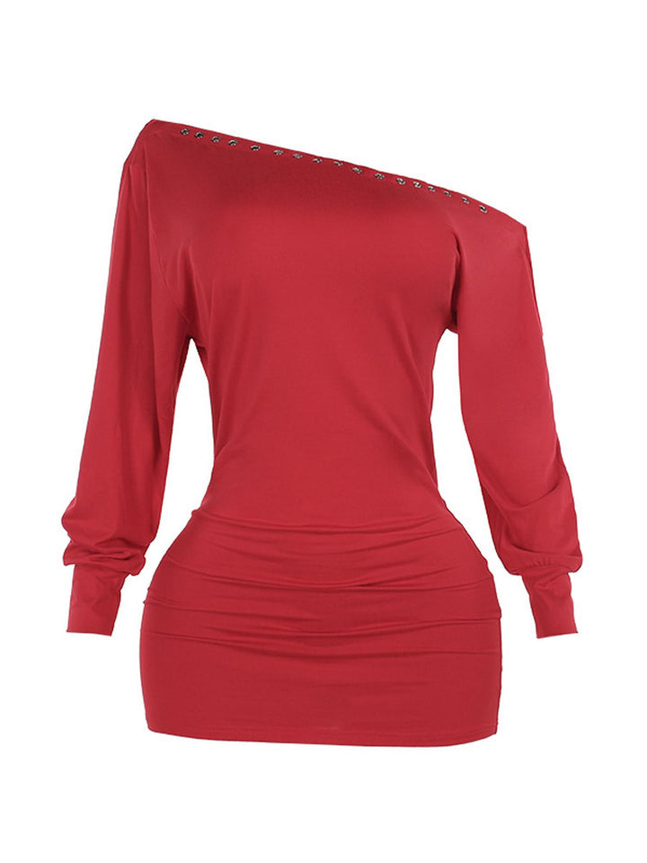 Red Full Sleeved Off Shoulder Bodycon Mini Dress