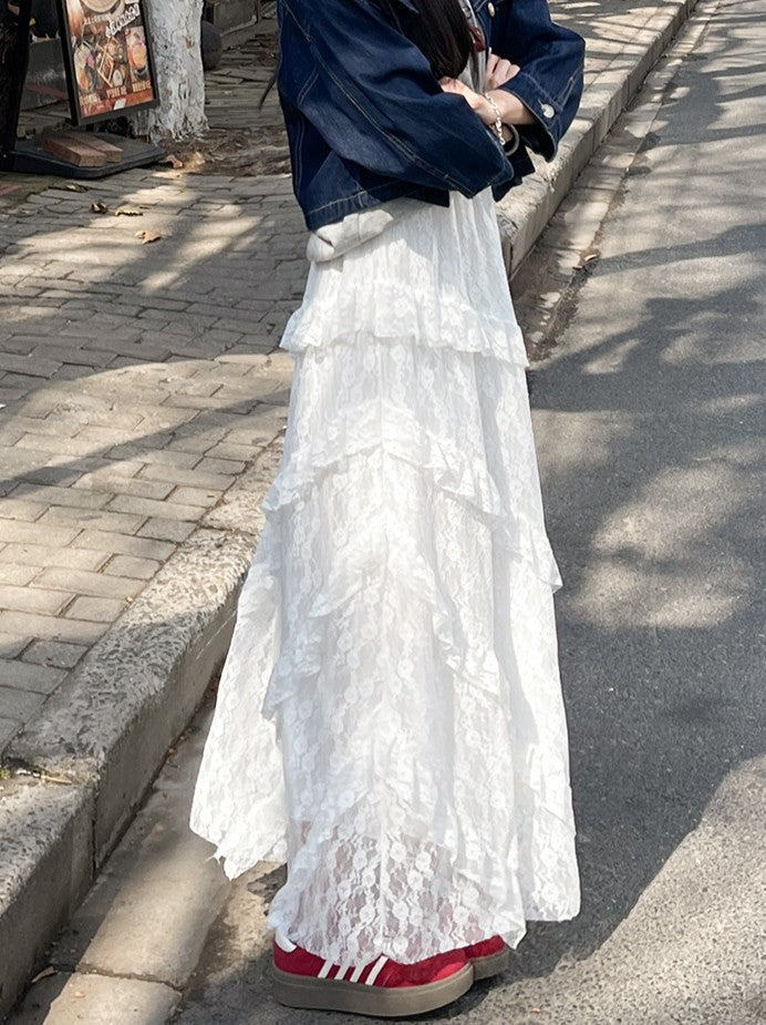 White Mesh Ruffled Skirt