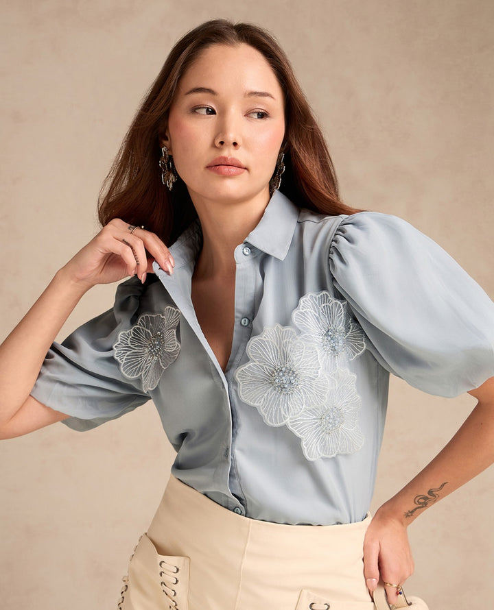 Blue Regular Fit Shirt With Balloon Sleeves And Applique Flower Detail