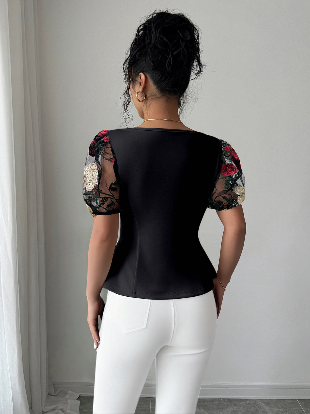 Black Lace Sleeve Waist Detail Top