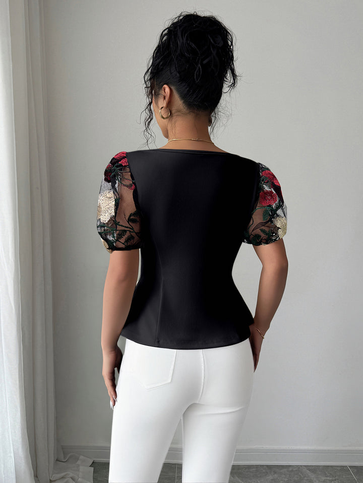 Black Lace Sleeve Waist Detail Top