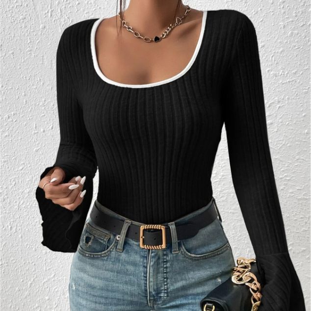 Black Flat Knit Top With Bell Sleeves