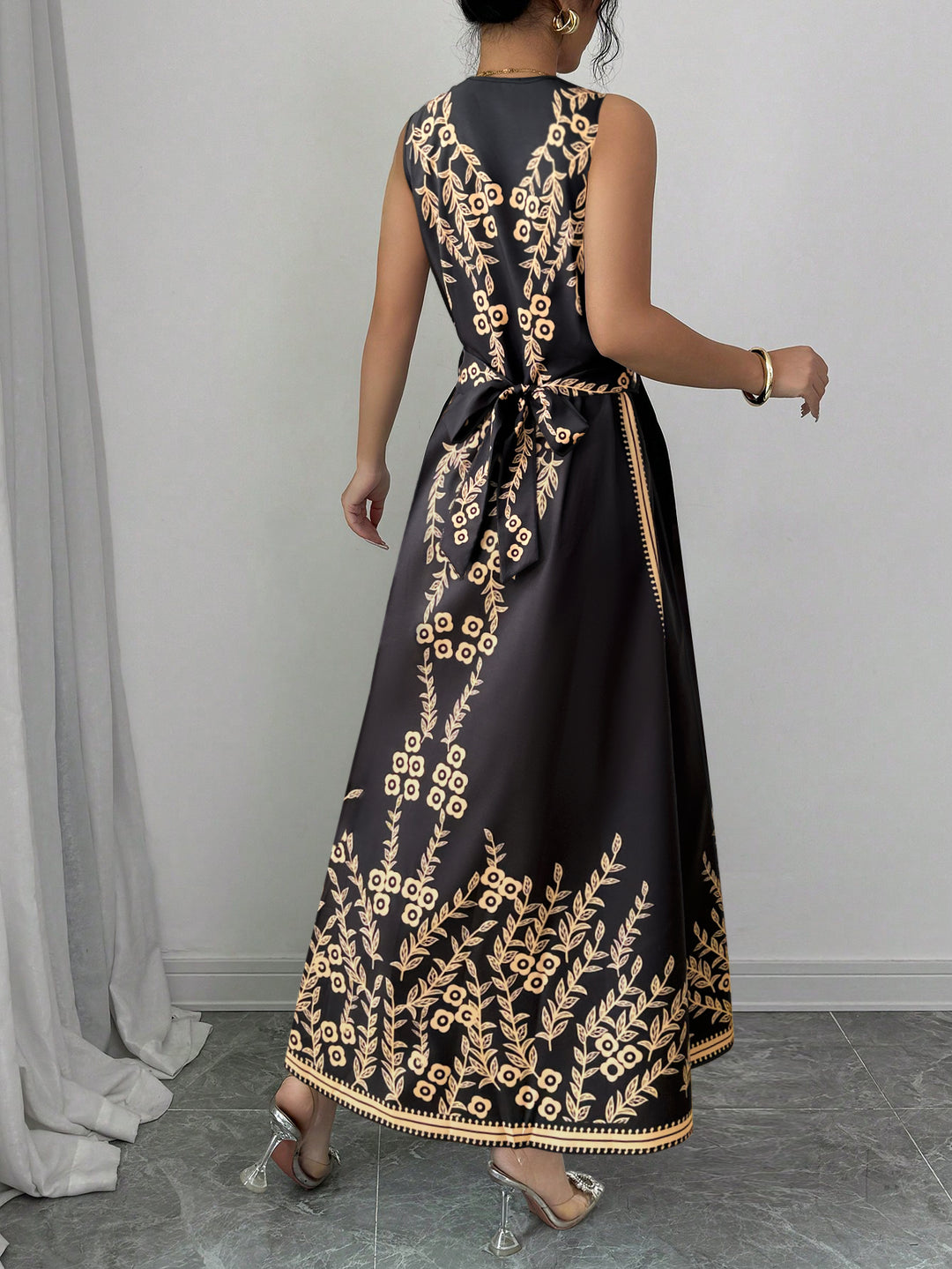 Black Printed Plunge Neck Maxi Dress