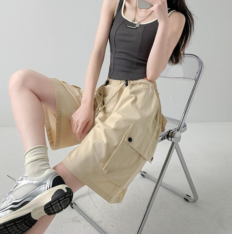 Beige Relaxed Fit Drawstring Cargo Shorts