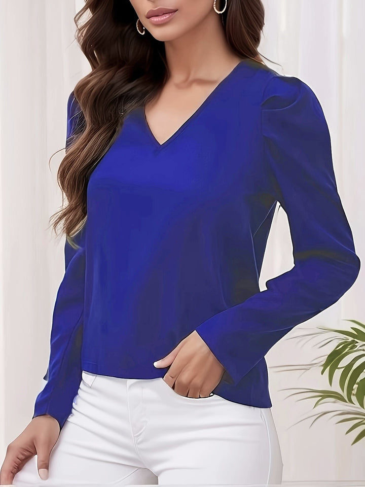 Navy Blue Full Puff Sleeves V Neck Top
