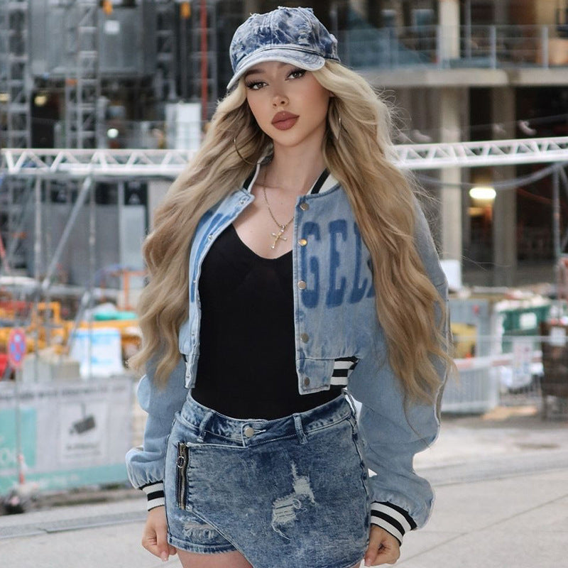 Blue Printed Button Crop Jacket