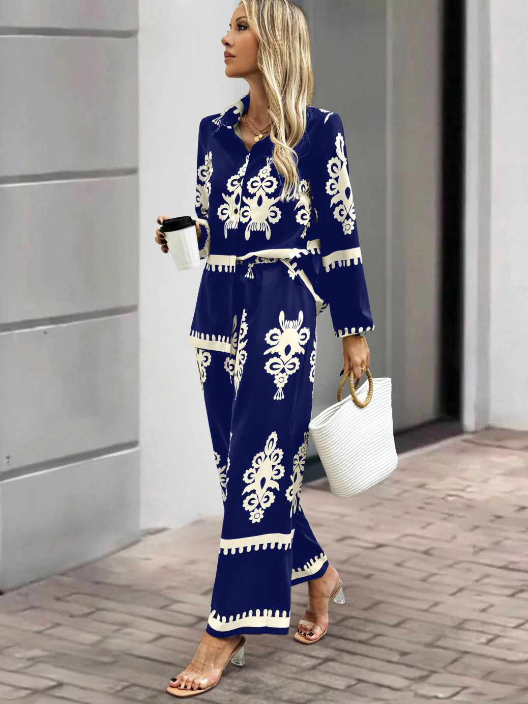 Blue Placement Print Shirt Trouser Co-ord Set