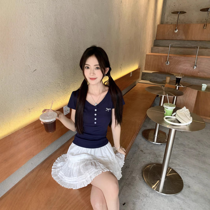 Navy Blue V Neck Button Relaxed Top