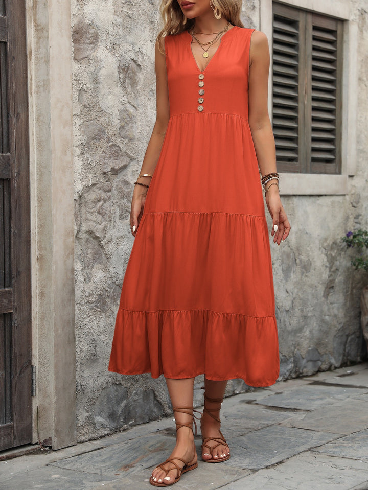 Orange V-Neck Sleeveless Midi Dress