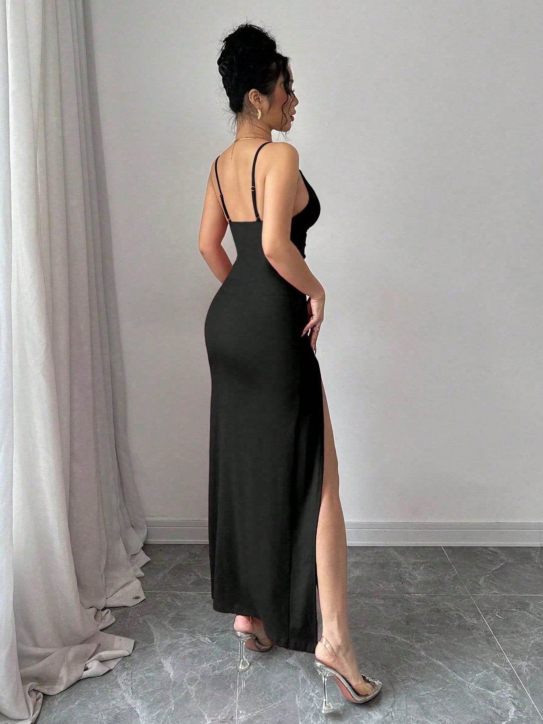 Black Shoulder Strap Cut-Out Detail Slit Dress