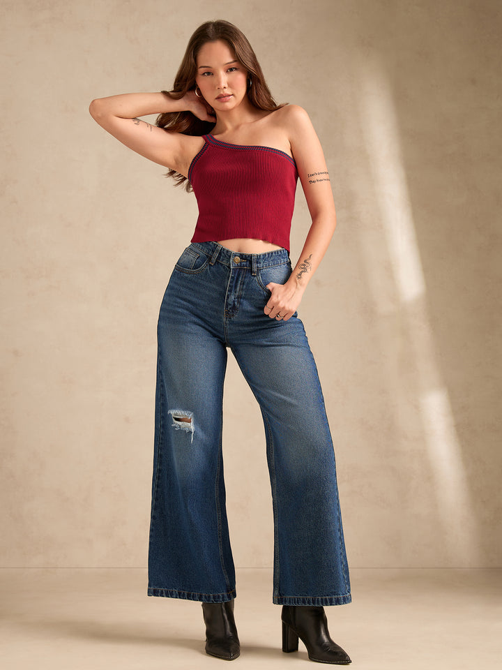 Red One Shoulder Flat Knit Tank