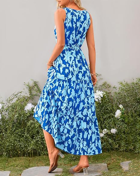 Light Blue V Neck Printed Cinched Waist Dress