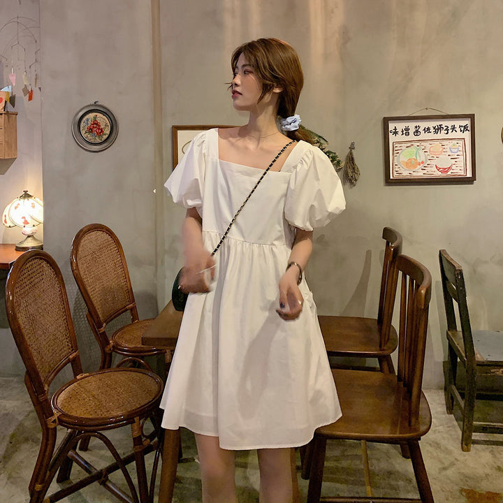 White Square Neck Puff Sleevees Mini Dress