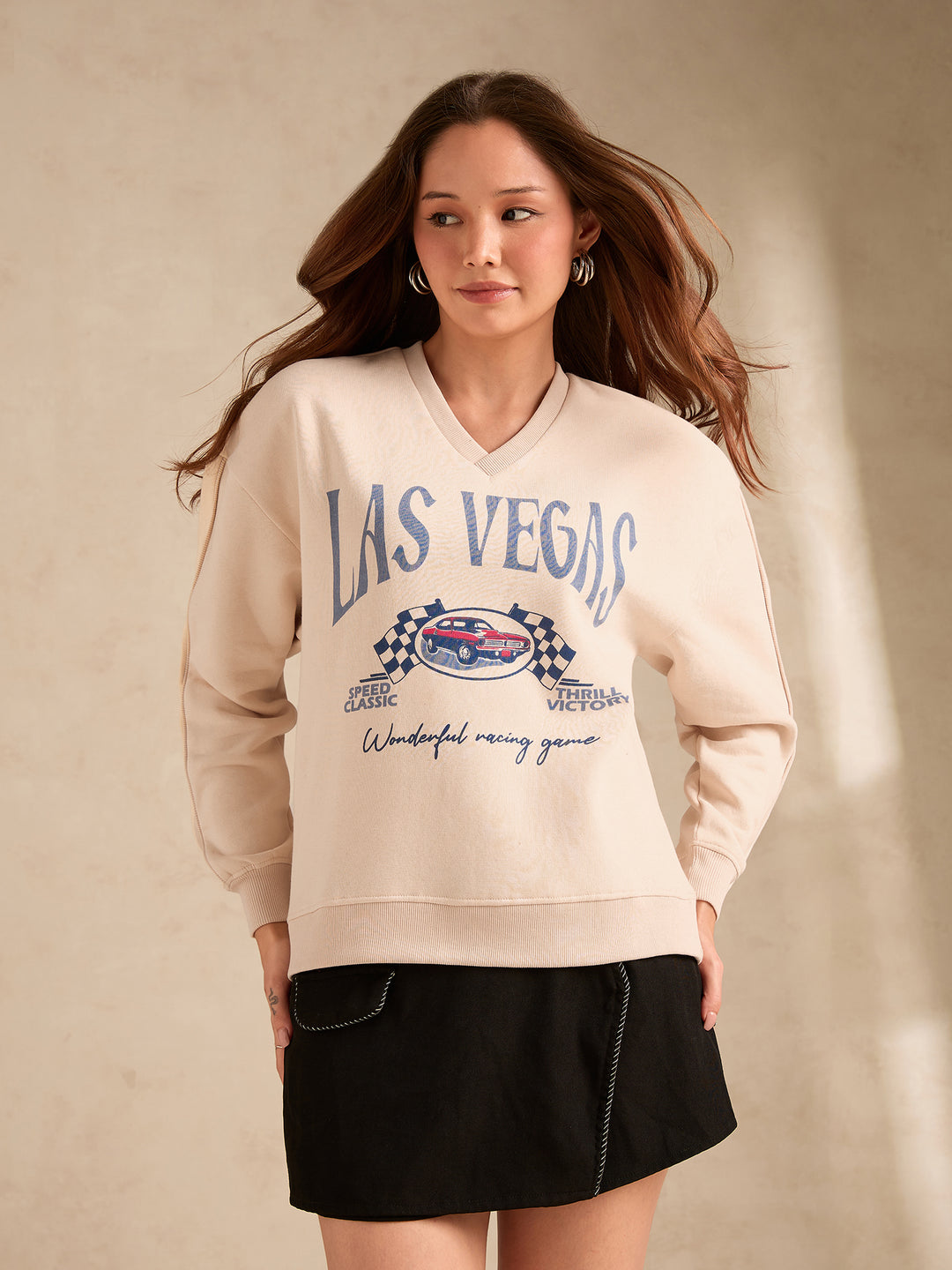 Cream Varsity V Neck Graphic Sweatshirt