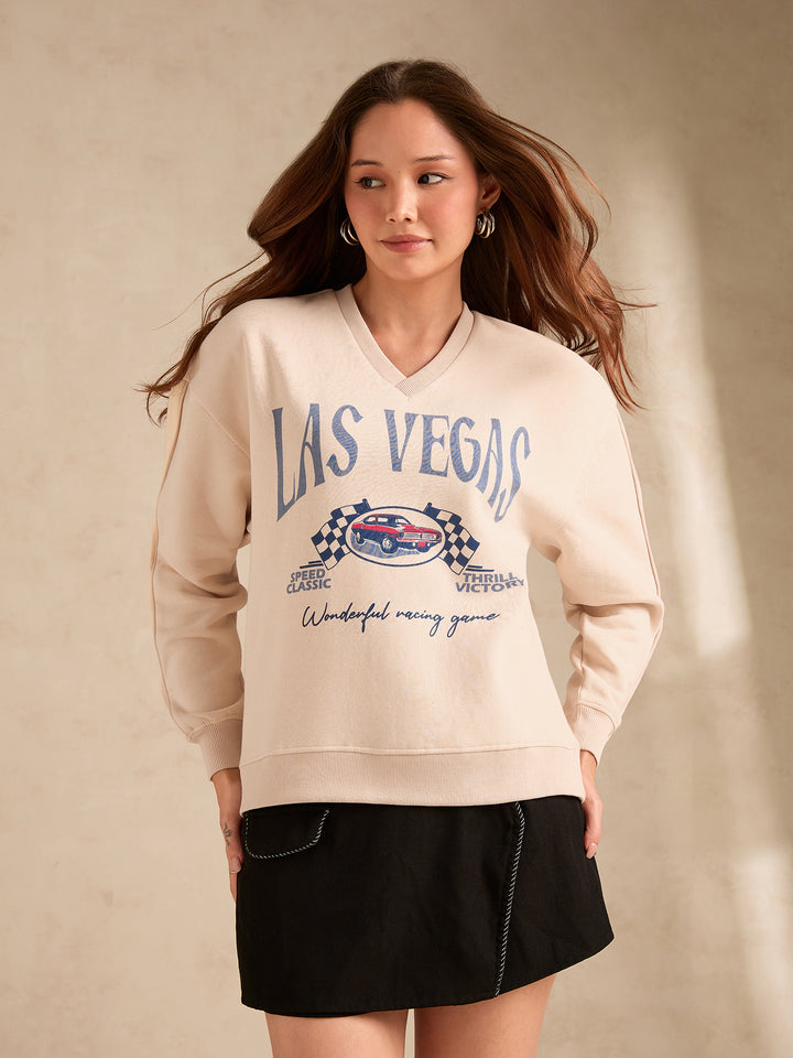 Cream Varsity V Neck Graphic Sweatshirt