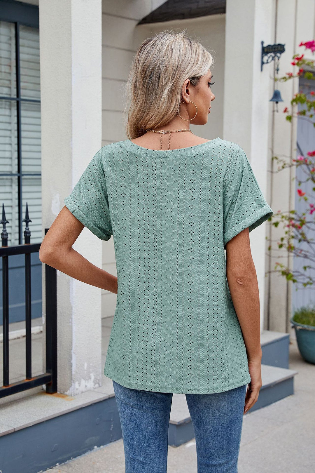 Sea Green Short Sleeve Round Neck Top