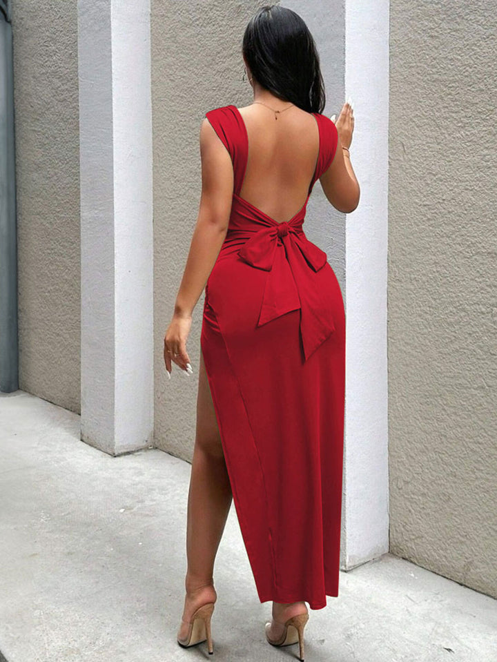 Red Wide Strap Slit Dress