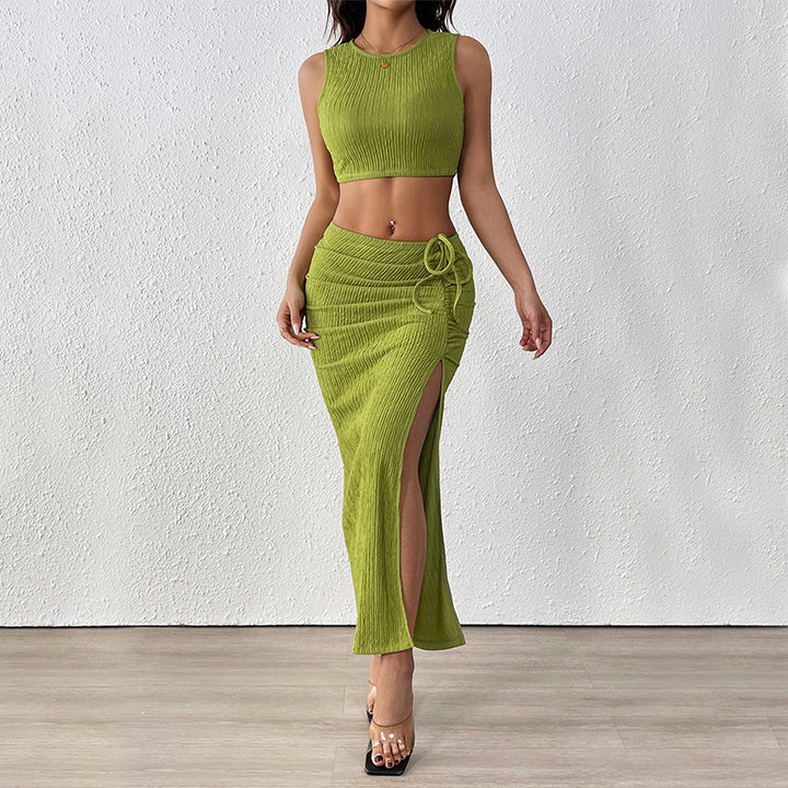 Green Fitted Crop Top With Ruched Fitted High Slit Skirt