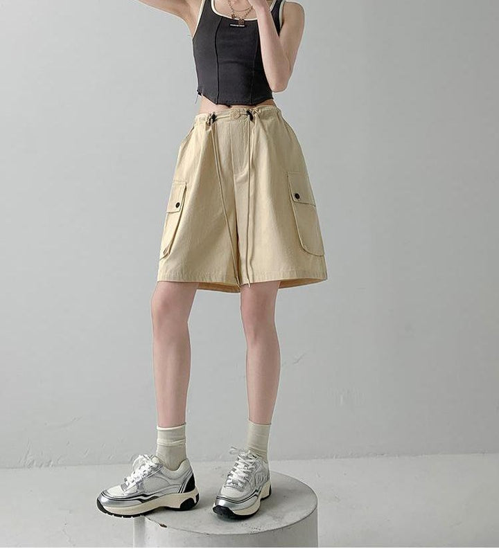 Beige Relaxed Fit Drawstring Cargo Shorts
