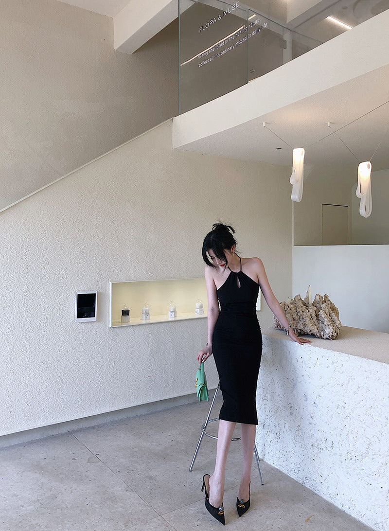 Solid Black Keyhole Neck Dress