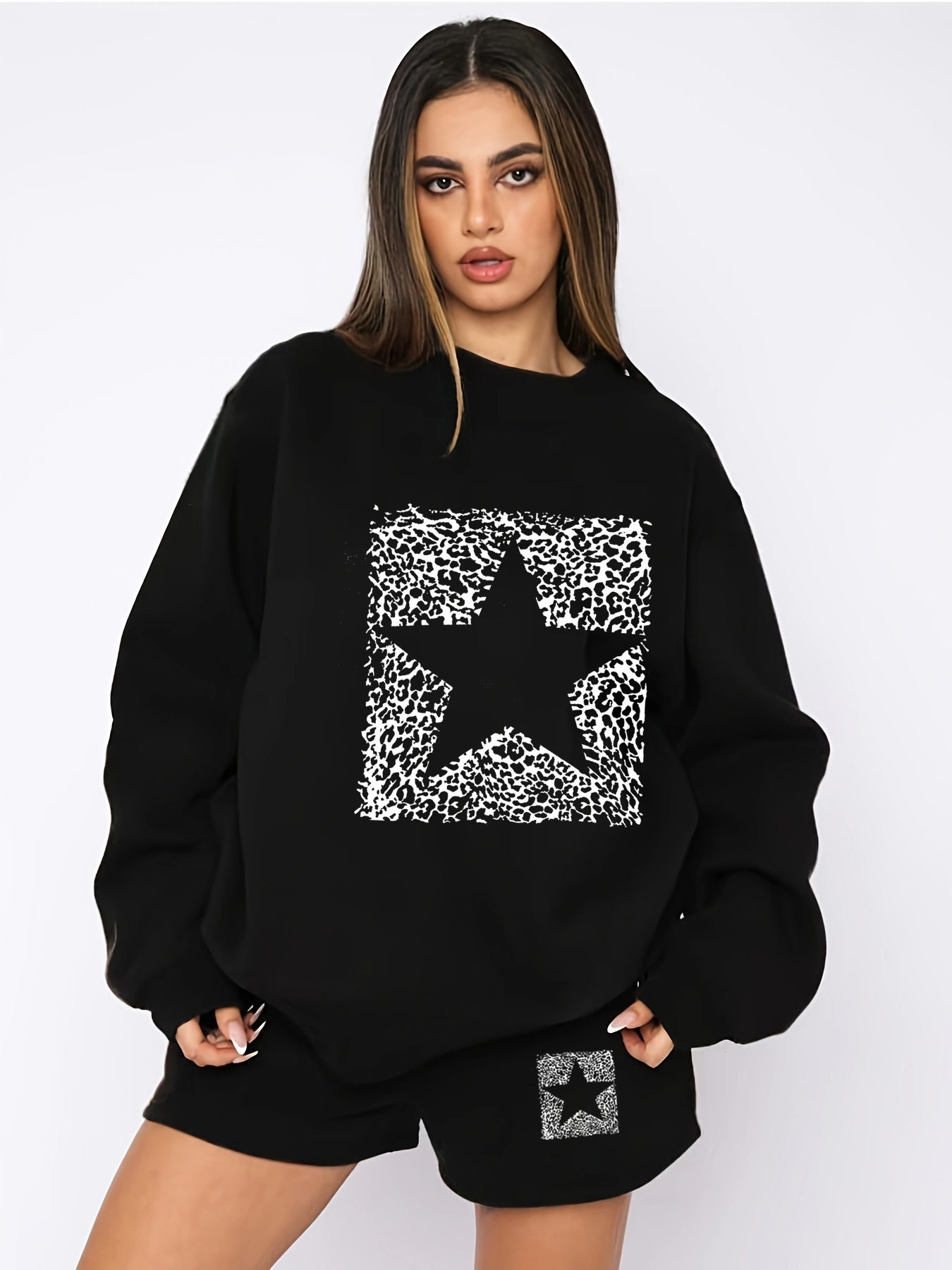 Black Graphic Oversized Sweatshirt And Shorts Co-Ord Set