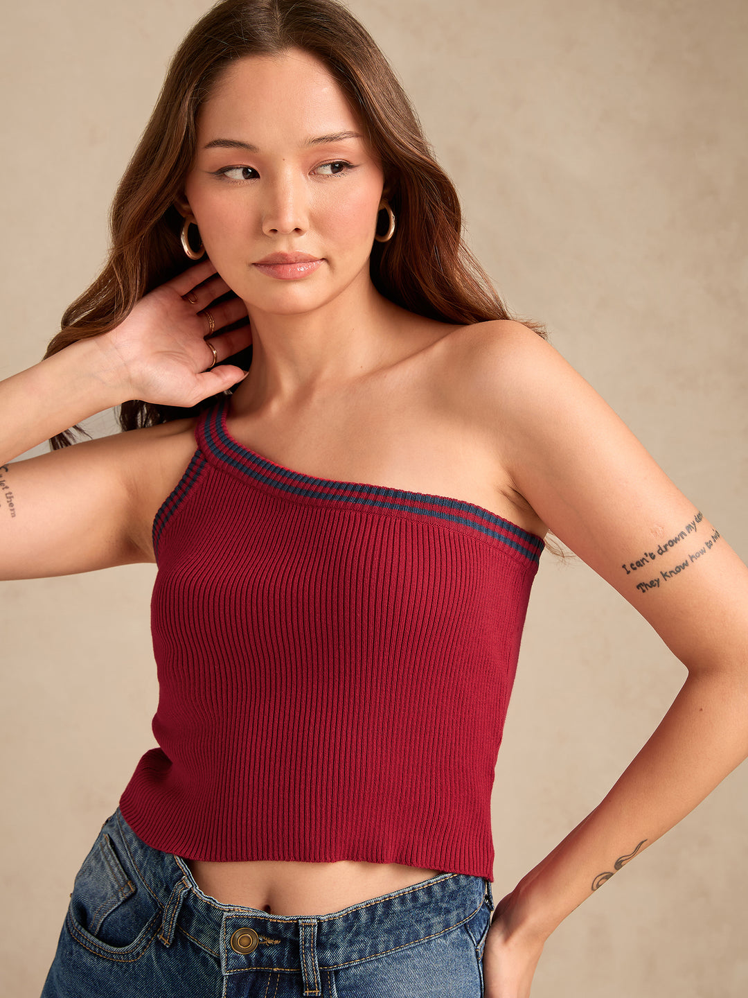 Red One Shoulder Flat Knit Tank