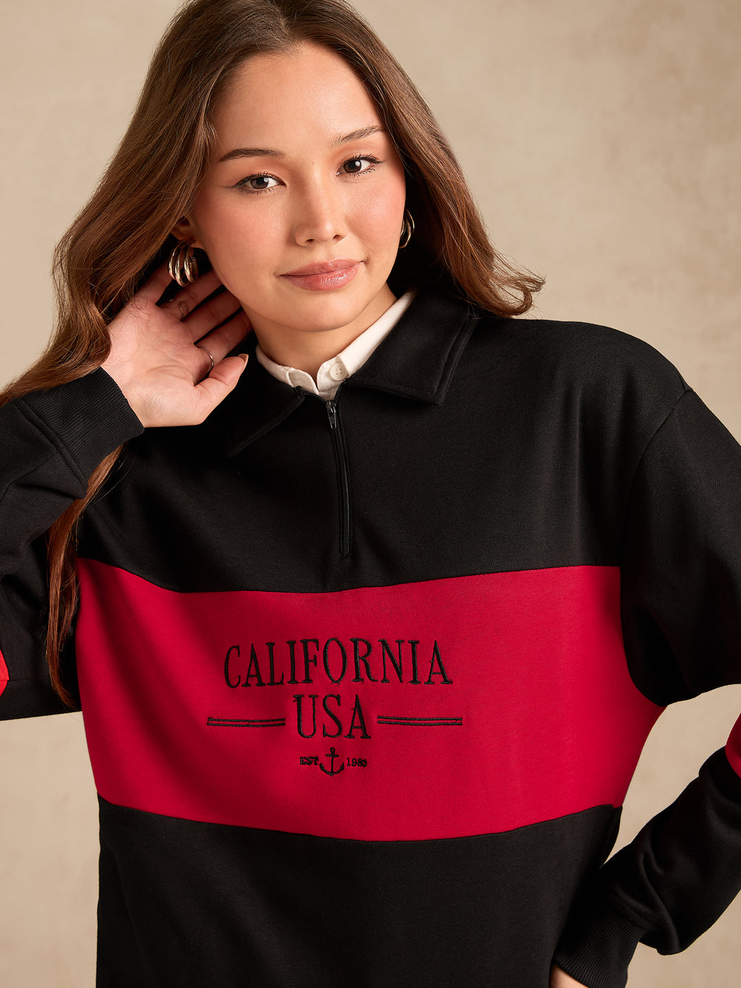 Black Varsity V Neck Graphic Sweatshirt