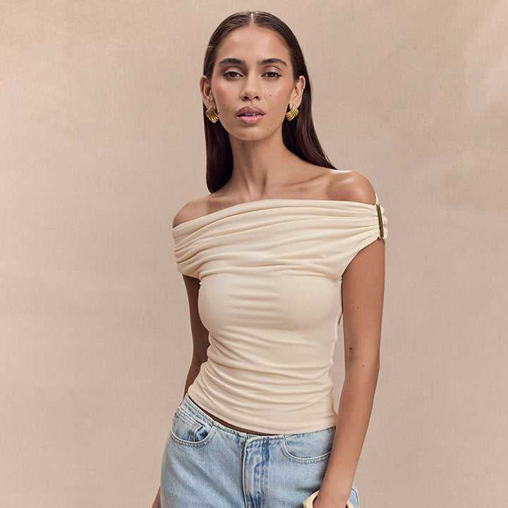 Cream Off-Shoulder Fitted Top With Ruched Bodice