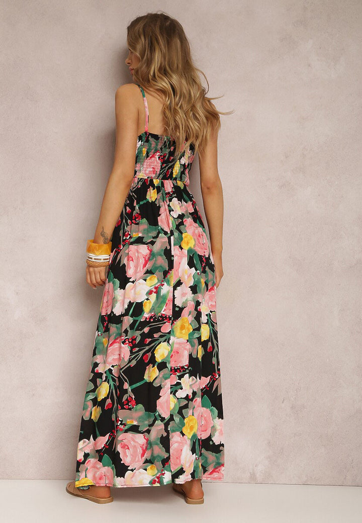 Black Shoulder Strap V Neck Printed Dress