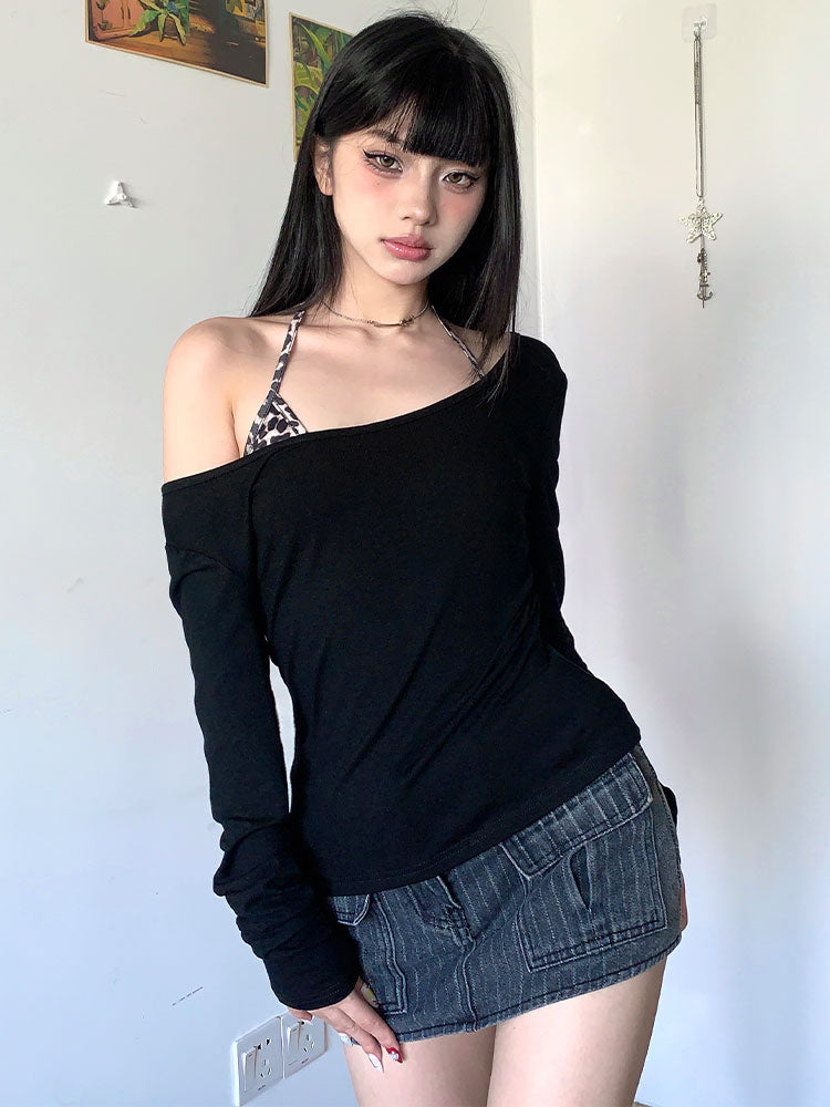 Black Off Shoulder Full Sleeves Slim Top