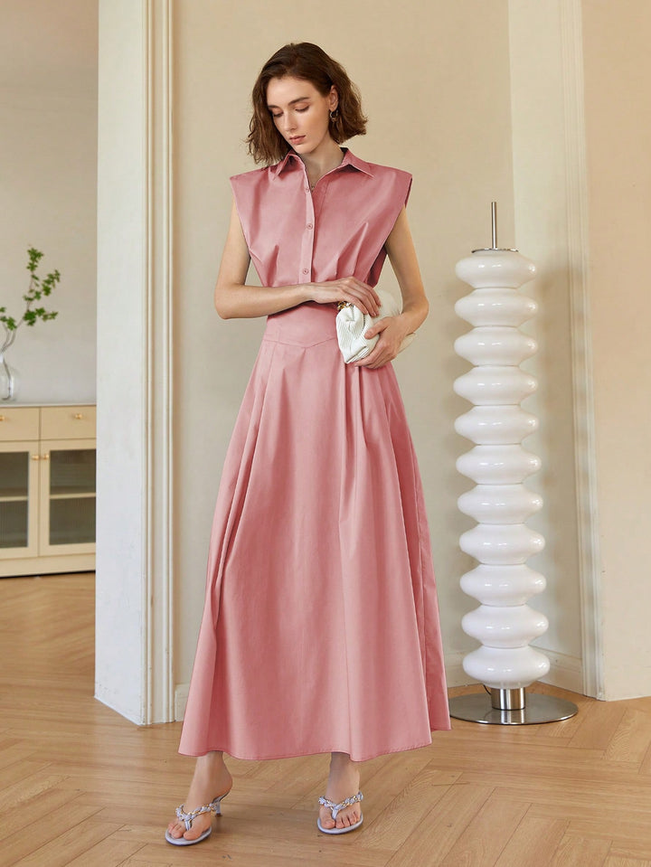 Pink Front Button Shirt Style Sleeveless Dress