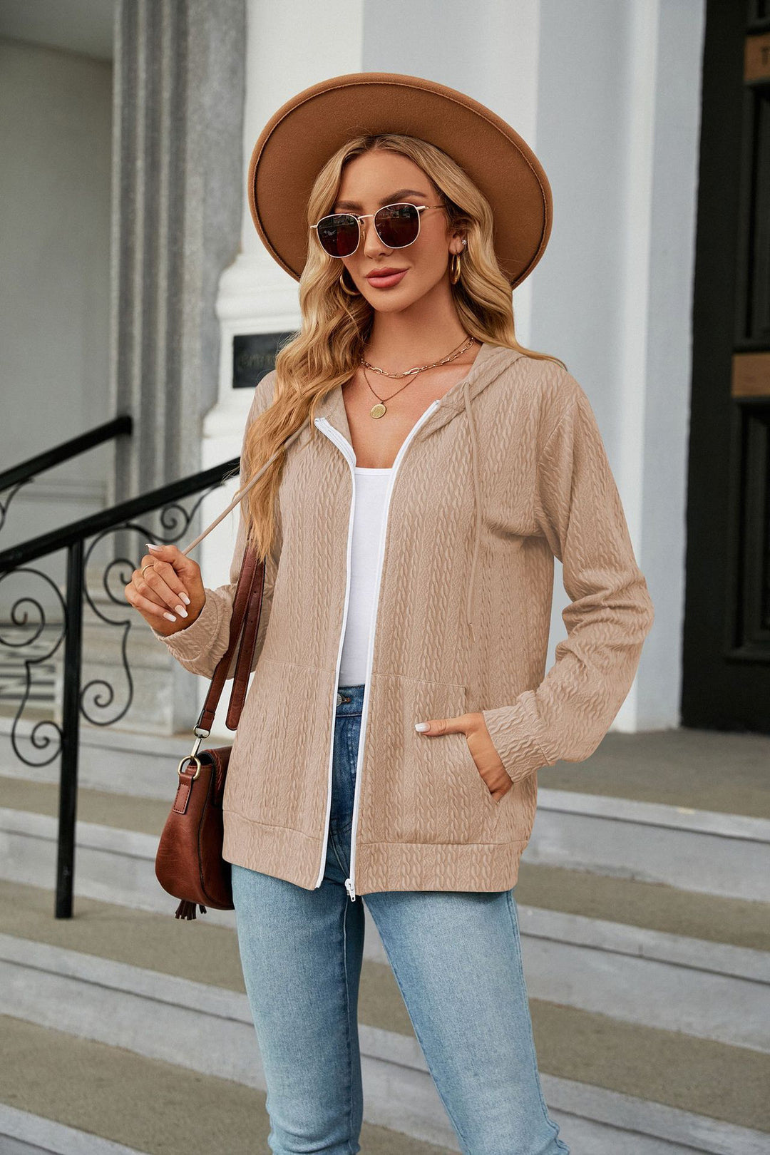 Beige Full Sleeves Front Zip Hooded Jackets