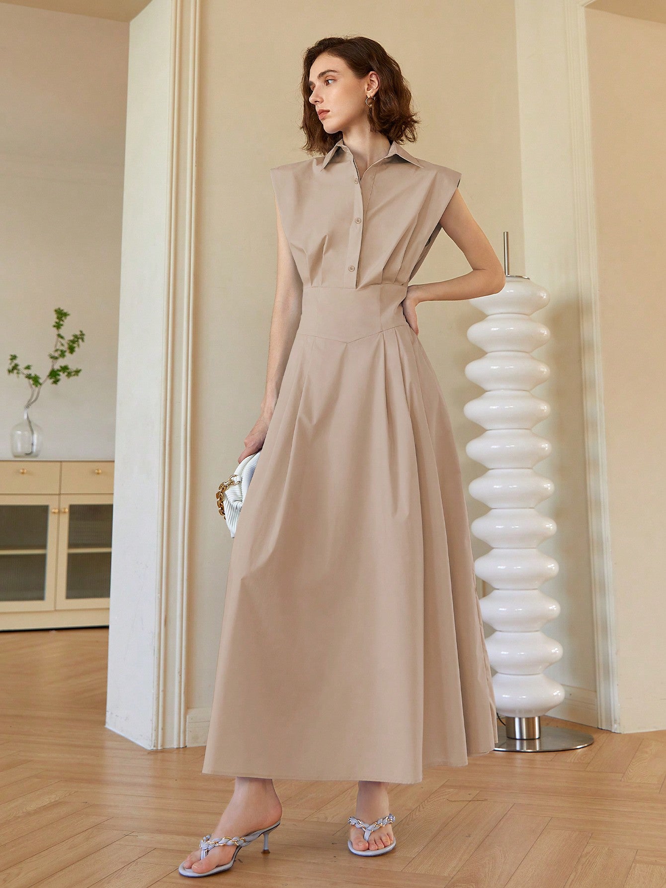 Brown Front Button Shirt Style Sleeveless Dress