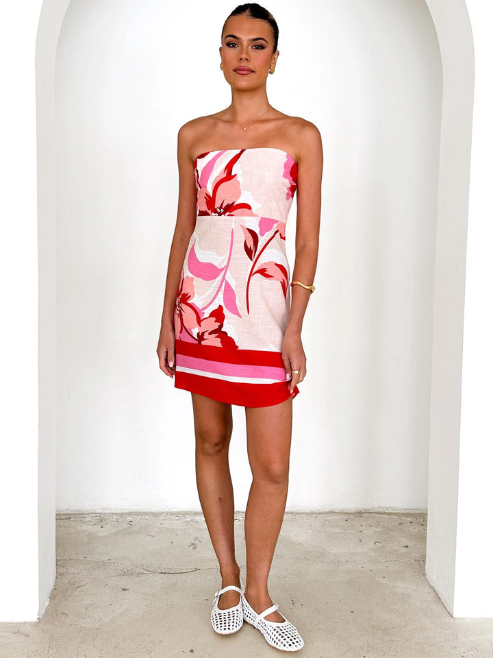 Red Strapless Floral Printed Dress