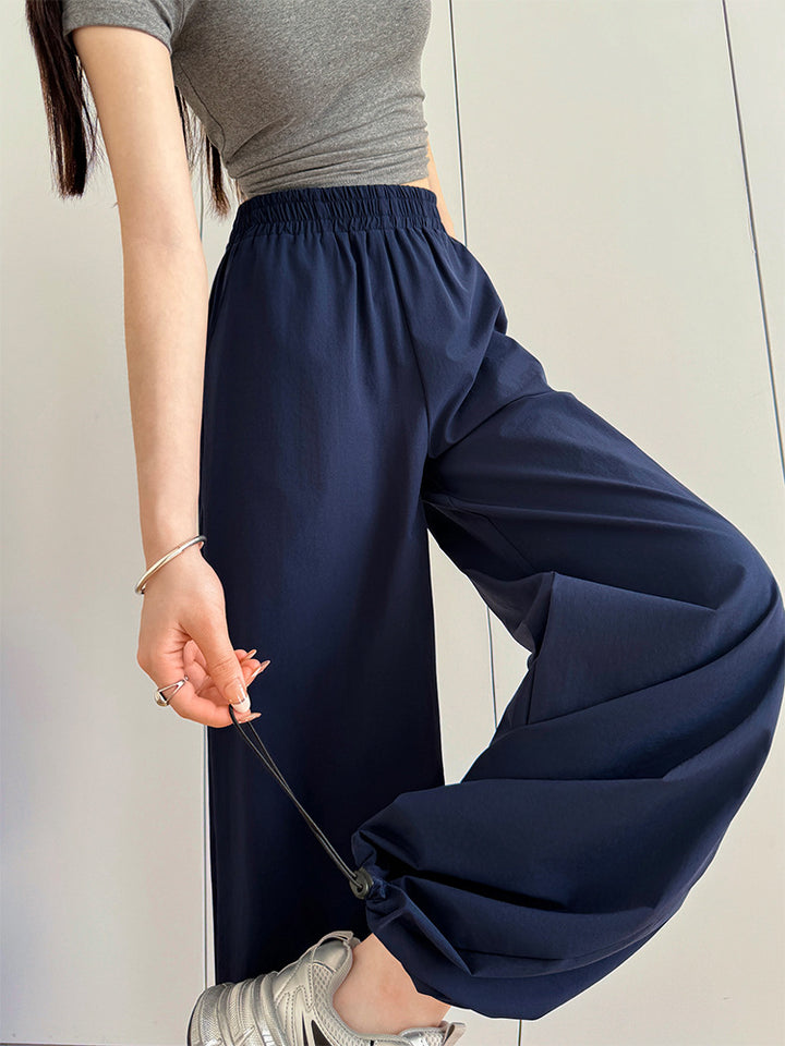 Navy Blue Wide Leg Solid Elasticated Joggers