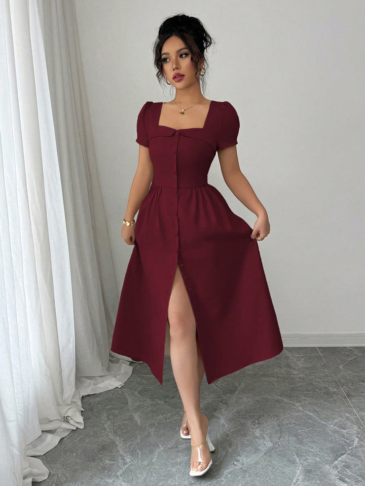 Wine Puff Sleeve Front Button Dress