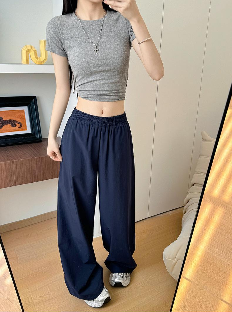 Navy Blue Wide Leg Solid Elasticated Joggers