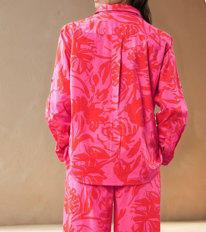 Magenta Folded Sleeve Collared Printed Shirt